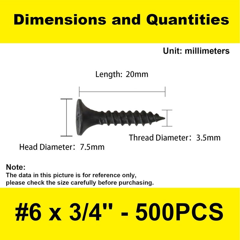 LERNOU 500 pcs Black Self-Tapping Screws, Phillips Flat Head Short Head Screws, Countersunk Head Cabinet Screws, Phillips Wood Screws for Various Woodworking Repairs and DIY Projects #6 x 3/4''(20 mm) - Image 2